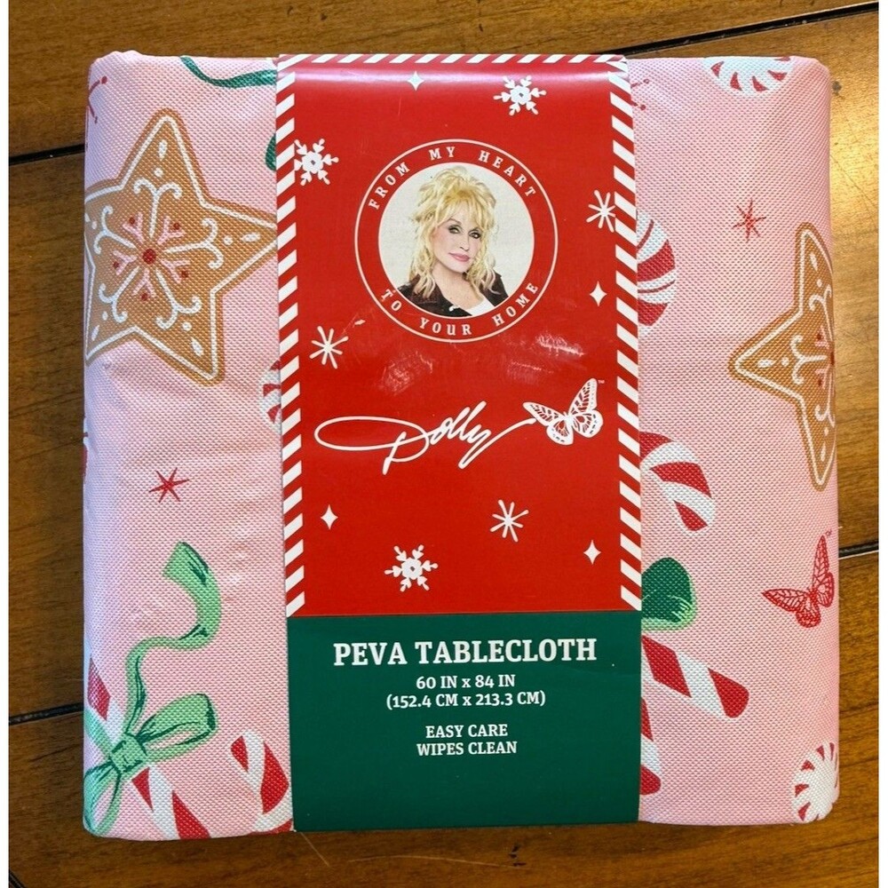 NEW Dolly Parton DG PEVA Table Cloth 60x80 Rectangle PINK Gingerbread Christmas